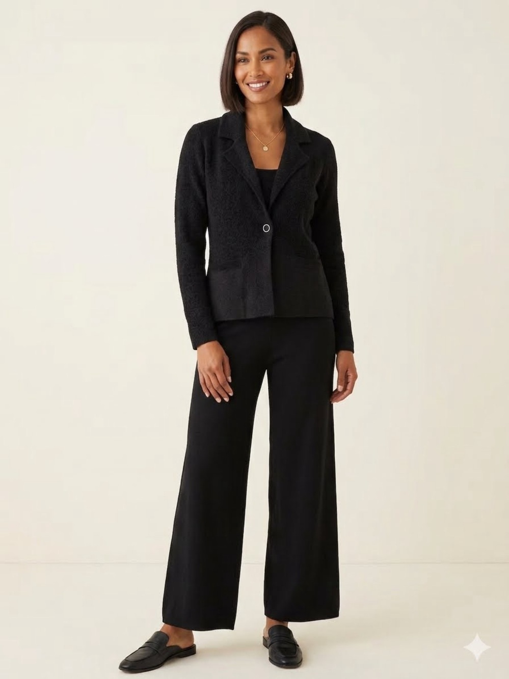Adrienne Vittadini Black Textured Shawl-Collar Blazer With Pants (Knit Material)